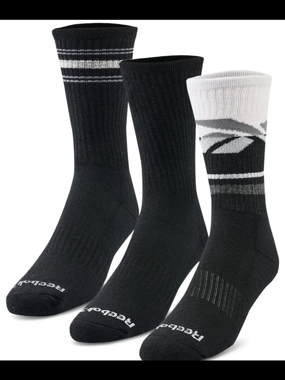6 Pack Reebok Men's Black & White Athletic Cushion Crew Socks.